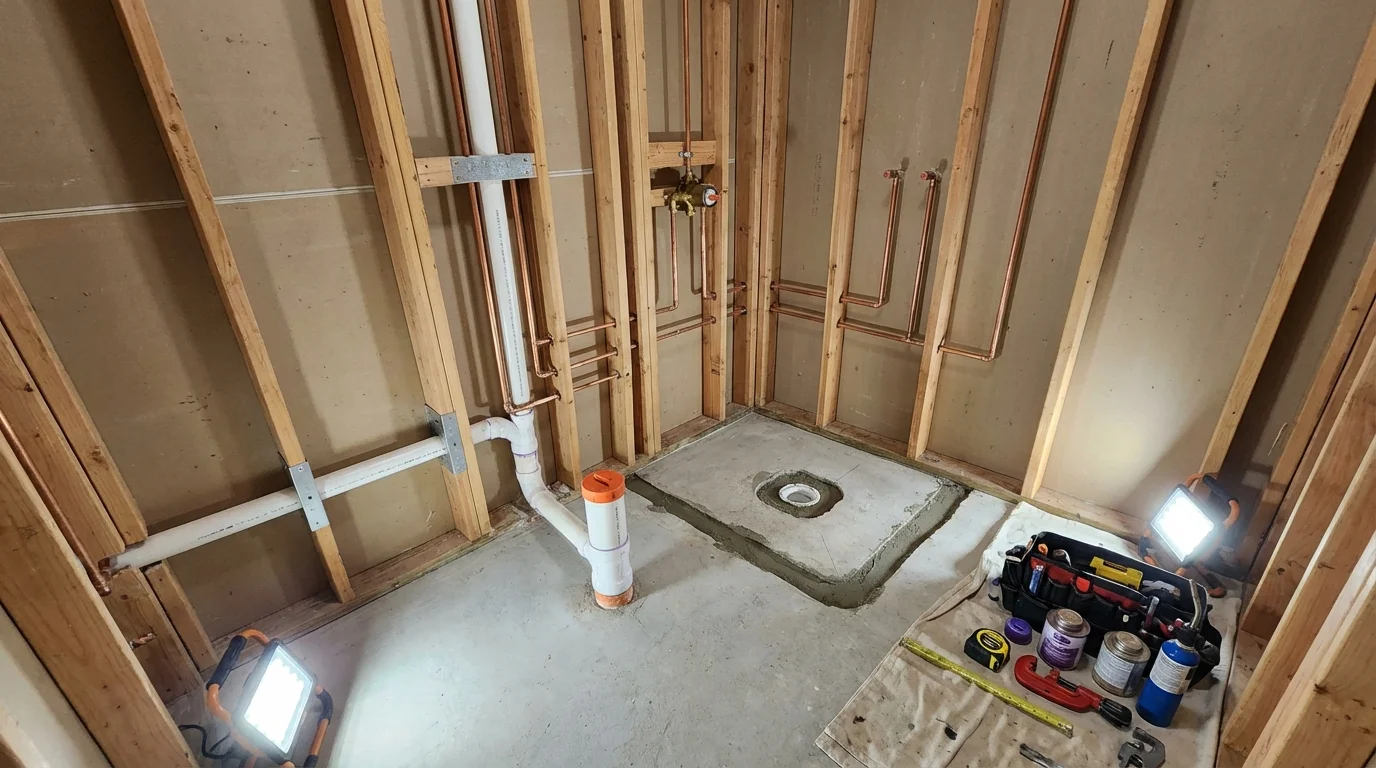 Bathroom rough-in plumbing during remodel by Johns Plumbing LLC in Ramona