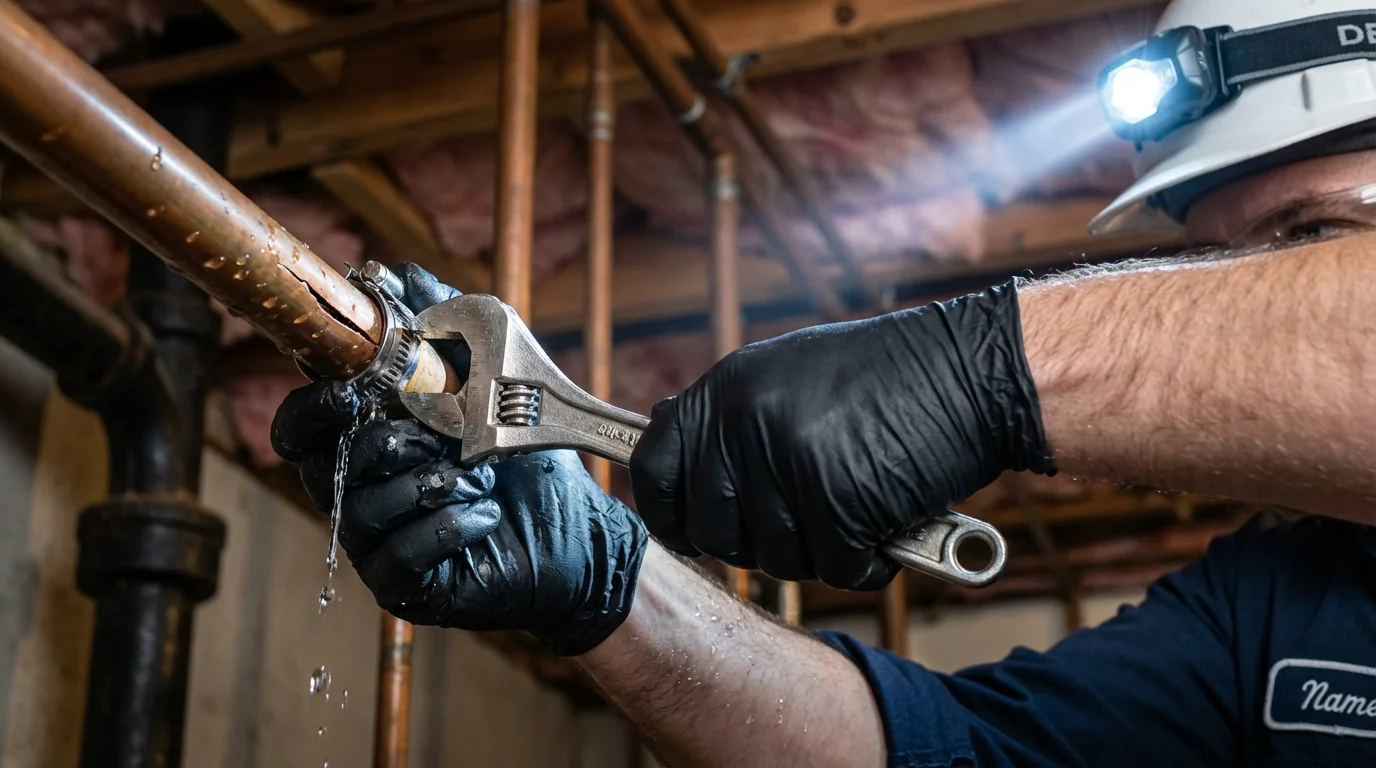 Emergency pipe clamp repair being performed by a Johns Plumbing LLC plumber in Ramona